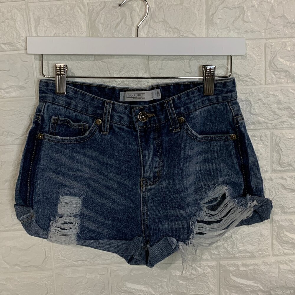 EXCELLENT CONDITION HIGH RISE DENIM SHORTS | MEDIUM BLUE WASH | CHEEKY MODERN ES